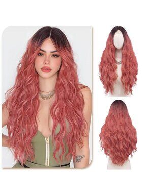 Women's Black Omber Pink Long Wavy Wig for 28 Inch Middle Part Heat Resistant